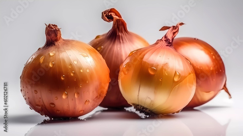 Macro, closeup, isolated fresh onion, lying on white glossy surface. Generative AI technology.