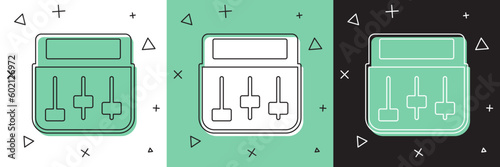 Set Drum machine music producer equipment icon isolated on white and green, black background. Vector