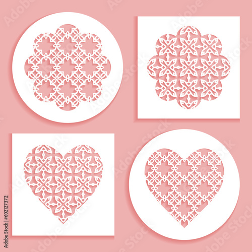 Templates for laser cutting, plotter cutting, printing. Heart and flower shape line pattern. Geometric design cut out of paper. Mandala die cut ornament. Fretwork panels, cutout silhouette stencils