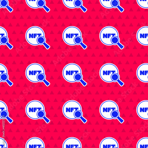 Blue Search NFT icon isolated seamless pattern on red background. Non fungible token. Digital crypto art concept. Vector