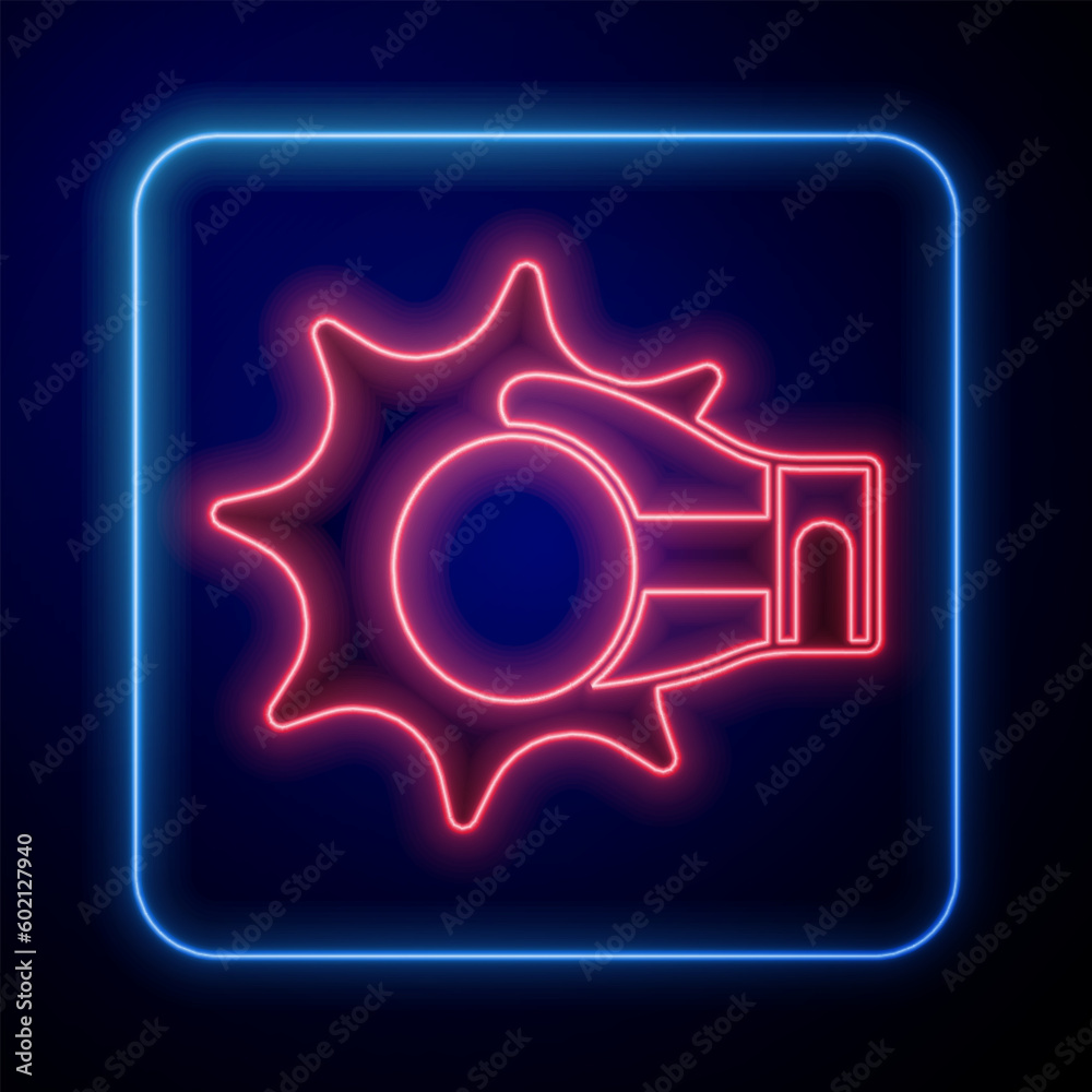 Glowing neon Punch in boxing glove icon isolated on black background. Boxing gloves hitting together with explosive. Vector