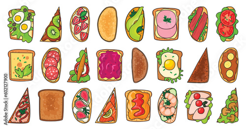 Bread toast vector illustration on white background. Isolated vector color set icon sandwich. Color set icon bread toast.