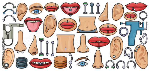 Piercing vector color set icon. Isolated vector illustration body on white background . Color set icon piercing.