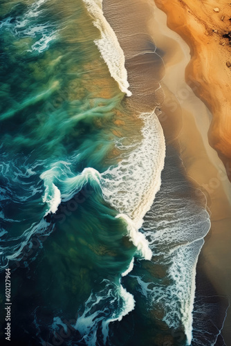 Drone photography. We see how the sea collides with the stones and sand of a beach. Generated by AI