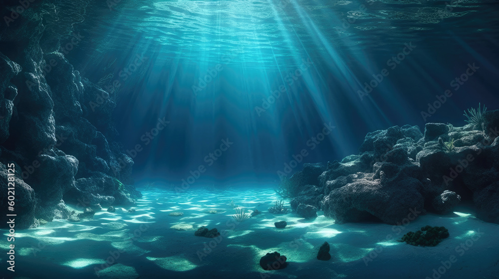 Naklejka premium Schöne Unterwasserszene mit Lichtstrahlen, die durch das Wasser bis auf den Meeresgrund scheinen, Generative AI 