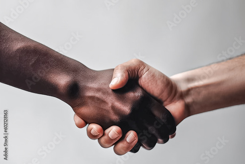 Shake hands. Closeup view of two people shaking hands isolated on light gray background Generative AI
