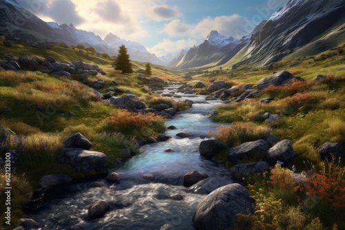A breathtaking view of a stream flowing between the mountains and snow-covered peaks. Created with Generative AI
