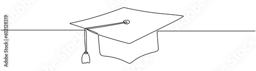 Graduation cap continuous line drawn. Education hat one line art. Vector illustration isolated on white.