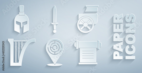 Set Minotaur labyrinth, Ancient chariot, Harp, Decree, parchment, scroll, Medieval sword and Greek helmet icon. Vector