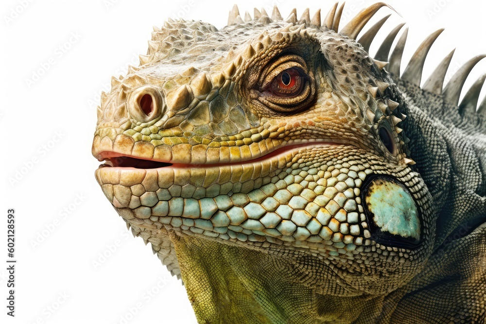 Portrait of big iguana on isolated white. Generative AI technology. Portrait of big iguana on isolated white. Generative AI technology.