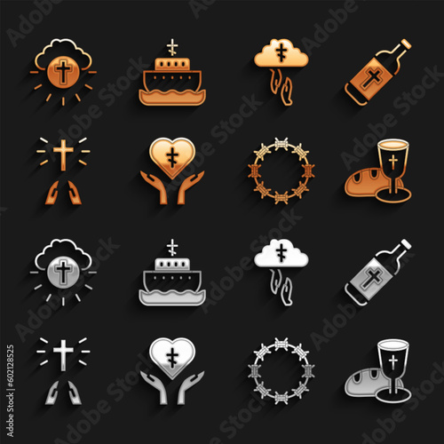 Set Religious cross in heart, Holy water bottle, Goblet and bread, Crown of thorns, Hands praying position, God's helping hand, circle and Ark noah icon. Vector