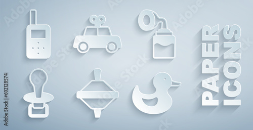 Set Whirligig toy, Breast pump, Baby dummy pacifier, Rubber duck, Toy car and monitor walkie talkie icon. Vector