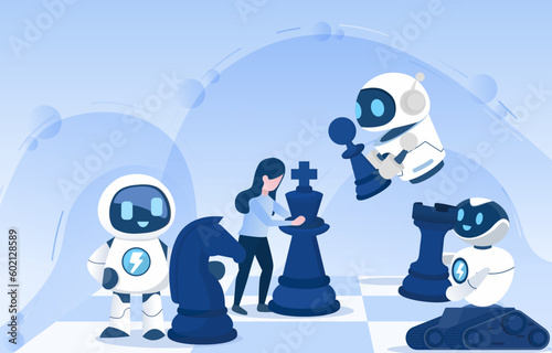 Business and teamwork between human and robot concept. Playing chess means strategy management, tactics, support, competition, improvement and development. Flat vector illustration.