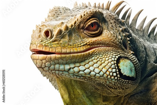 Portrait of big iguana on isolated white. Generative AI technology.