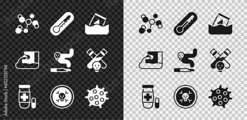 Set Chemical formula, Thermometer, Radioactive waste in barrel, Antidote, Bones and skull, Bacteria, Wastewater and Cigarette icon. Vector