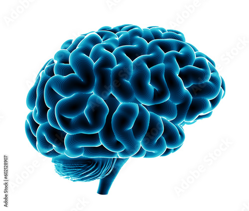 Isolated Blue Hologram of Brain, Side View, 3D Illustration