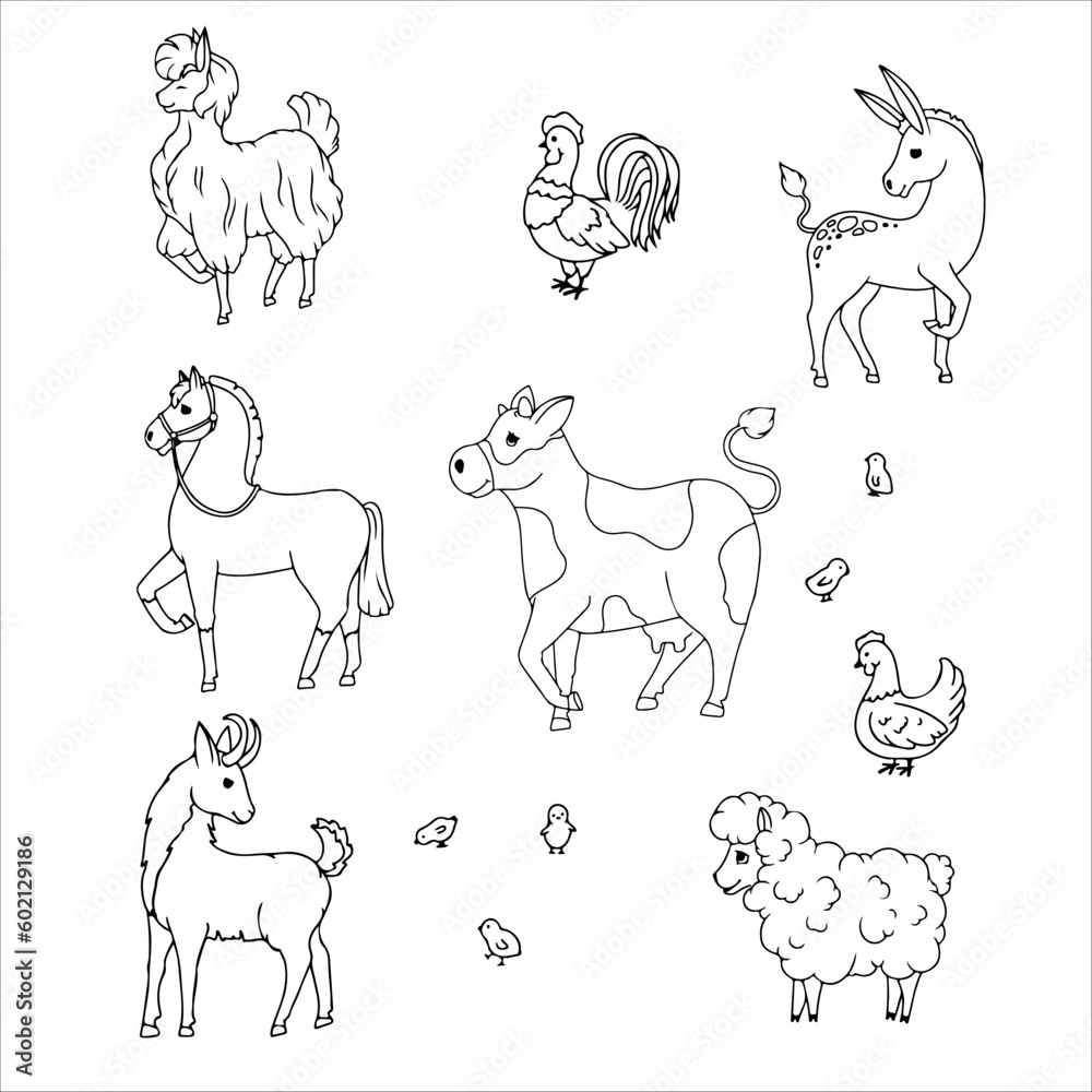 Donkey, Horse, Llama or Alpaca, Sheep, Cow, Goat and Pig. Set of animals. Farm animals. Cattle breeding Vector illustration isolated on white background.
