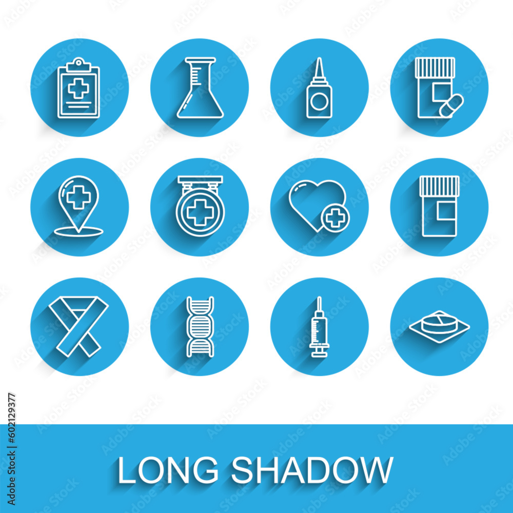 Set line Awareness ribbon, DNA symbol, Medical clipboard with clinical record, Syringe, Medicine pill tablet, Hospital signboard, bottle and Heart cross icon. Vector