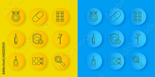 Set line Bottle nasal spray, Syringe, Shield and heart rate, Magnifying glass for search medical, Crutch crutches, Hospital signboard, Pills blister pack and Medicine pill tablet icon. Vector