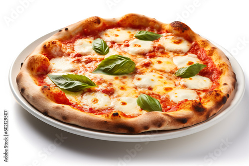 A Margherita pizza with cheese and basil on a plate. Generative AI.