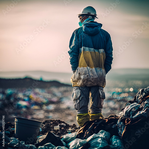 Scientists / workers in chemicals protective suits investigate waste on a landfill, environmental pollution, AI generated and digitally subsequently processed. photo