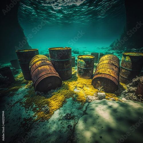Rusty barrels under water, in the lake / sea, nuclear waste, chemical waste, environmental pollution in the water, water contamination - AI generated image photo