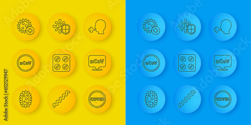 Set line Virus, Corona virus 2019-nCoV, Pills in blister pack, covid-19, location, Positive, Man coughing and Shield protecting from icon. Vector