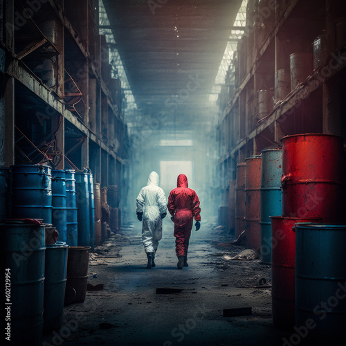 Scientists / workers in chemical protective suits examine chemical barrels in an old warehouse / department store - AI generated image digitally post-processed photo