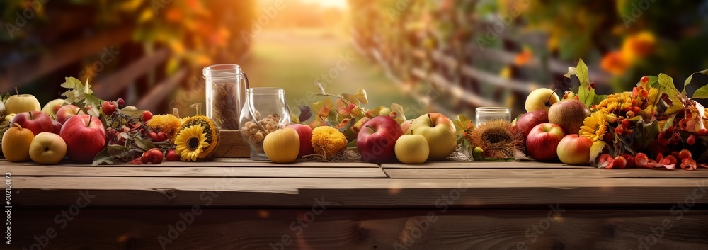 Festive autumn decor of pumpkins, on wooden table. Wide banner concept of Thanksgiving day or Halloween, generative ai