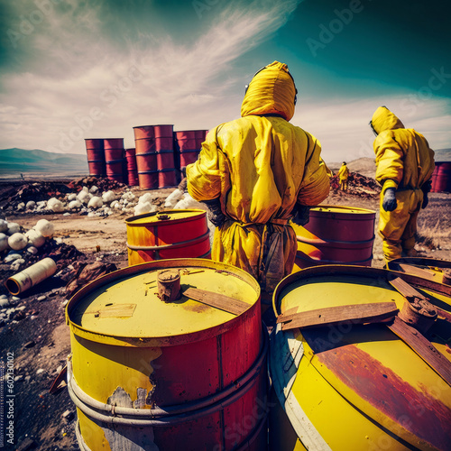 Scientists / workers in chemicals protective suits investigate waste collectors with toxic chemicals in a landfill, environmental pollution, AI generated and digitally subsequently processed. photo