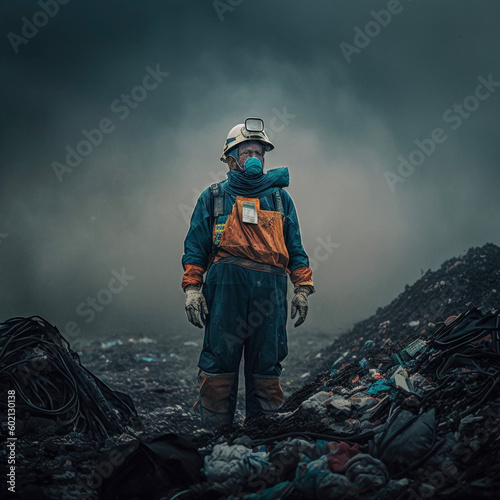 Scientists / workers in chemicals protective suits investigate waste on a landfill, environmental pollution, AI generated and digitally subsequently processed. photo