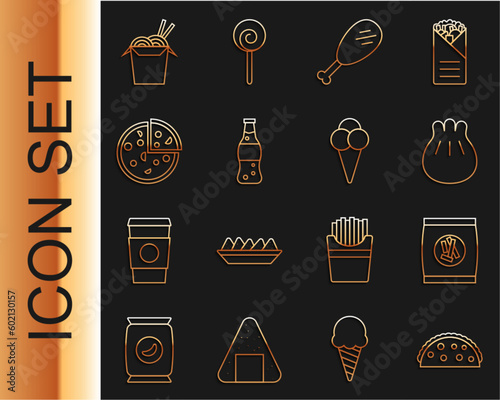 Set line Taco with tortilla, Hard bread chucks crackers, Khinkali on cutting board, Chicken leg, Bottle of water, Pizza, Asian noodles and chopsticks and Ice cream waffle cone icon. Vector
