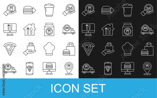 Set line Cafe and restaurant location, Online ordering burger delivery, Fast by car, Coffee cup to go, and icon. Vector
