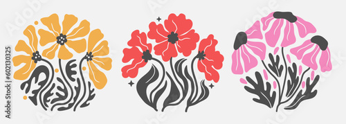 Groovy abstract black flower set. Organic circle shapes in trendy naive retro hippie 60s 70s style.