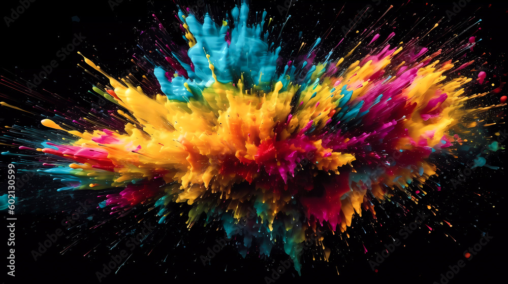 Abstract, RGB color explosion, splashes, aerosol, paint drops. Generative AI technology. Abstract, RGB color explosion, splashes, aerosol, paint drops. Generative AI technology.