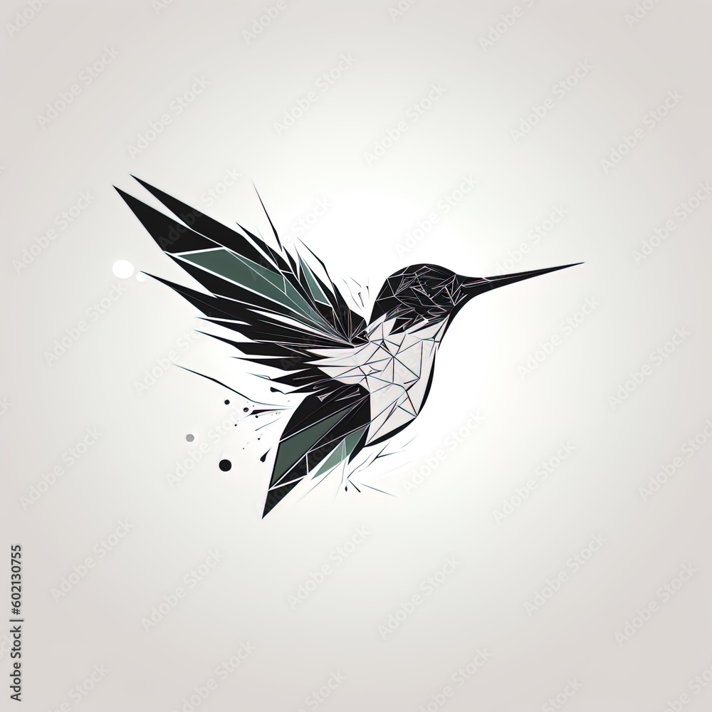 Obraz premium Abstract hummingbird with a broken black, white and grey body - Generative AI illustrations. 