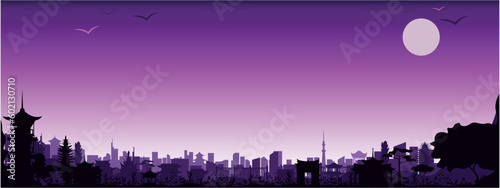 Vector poster with Asian city view in magenta colors. panoramic view
