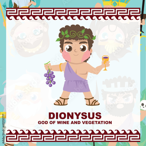 Cute illustration of Dionysus God of wine and vegetation. Greek God and Goddess flashcard collection. Ancient Greece mythology. Greek deity theme elements. Vector file.