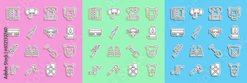 Set line Rhinoceros, Bear head, Camping lantern, Hiking backpack, Hunting gun, cartridge belt, Matchbox and matches and Deer antlers on shield icon. Vector