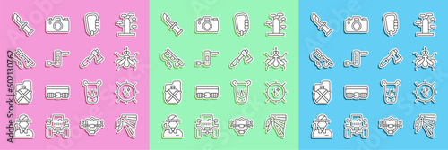 Set line Bandana or biker scarf, Sun, Mosquito, Carabiner, Swiss army knife, Fishing rod, Hunter and Wooden axe icon. Vector