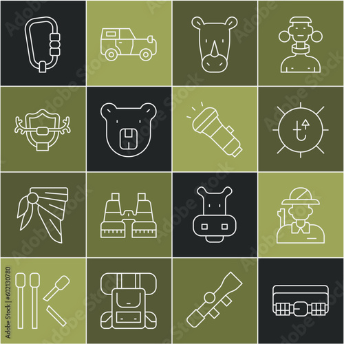 Set line Hunting cartridge belt, Hunter, Sun, Rhinoceros, Bear head, Deer antlers on shield, Carabiner and Flashlight icon. Vector
