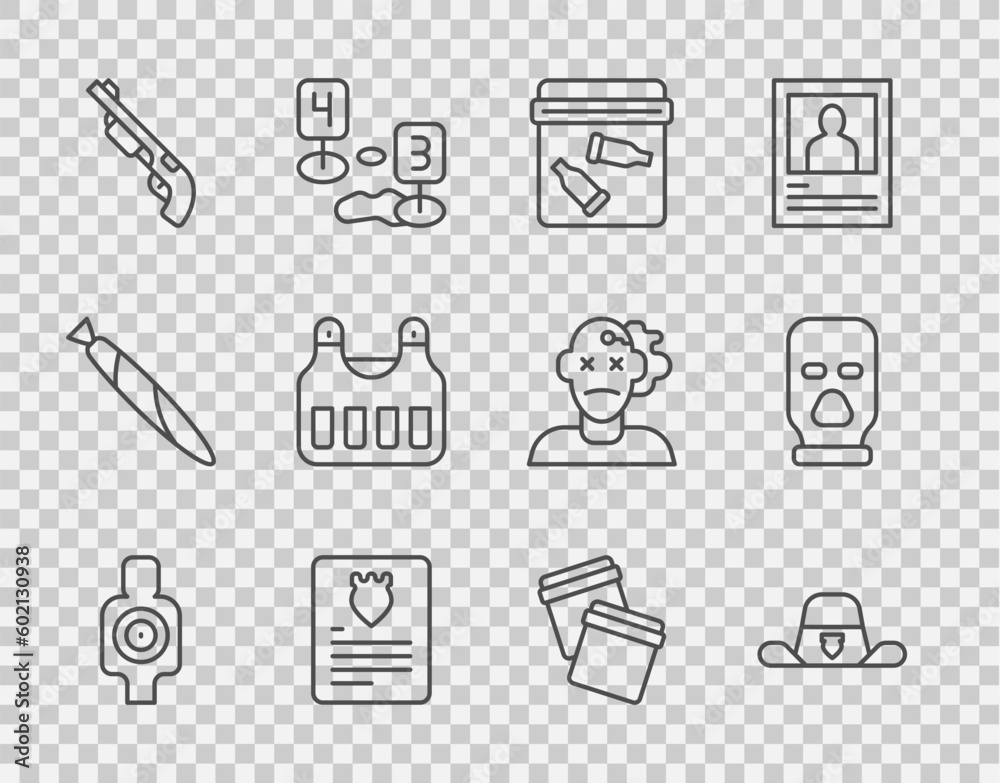 Set line Human target sport for shooting, Sheriff hat with badge, Evidence bag bullet, The arrest warrant, Police shotgun, Bulletproof vest, Plastic ziplock and Balaclava icon. Vector Set line Human target sport for shooting, Sheriff hat with badge, Evidence bag bullet, The arrest warrant, Police shotgun, Bulletproof vest, Plastic ziplock and Balaclava icon. Vector