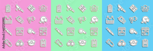 Set line Police report, Evidence bag with bullet, helmet, Stacks paper money cash, Walkie talkie, Bulletproof vest, Dictaphone and megaphone icon. Vector