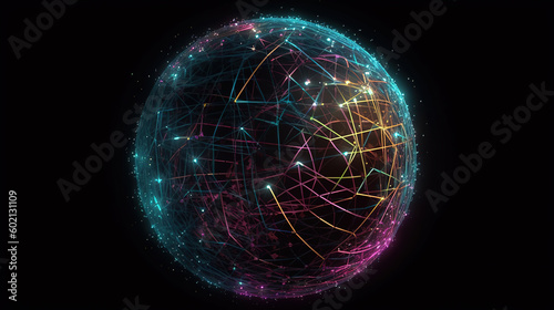 Sphere with Connected Lines and Dots on black background. Generative ai