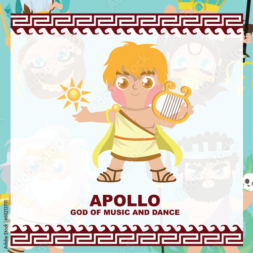 Cute illustration of Apollo God of music and dance. Greek God and Goddess flashcard collection. Ancient Greece mythology. Greek deity theme elements. Vector file.