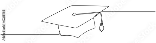 Graduation cap continuous line drawn. Education hat one line art. Vector illustration isolated on white.
