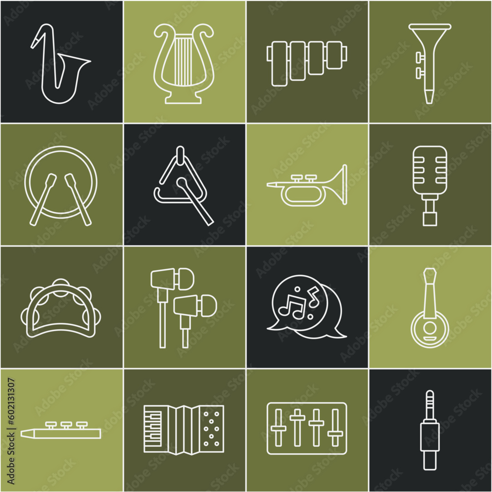Set line Audio jack, Banjo, Microphone, Pan flute, Triangle, Drum and drum sticks, Musical instrument saxophone and Trumpet icon. Vector Set line Audio jack, Banjo, Microphone, Pan flute, Triangle, Drum and drum sticks, Musical instrument saxophone and Trumpet icon. Vector