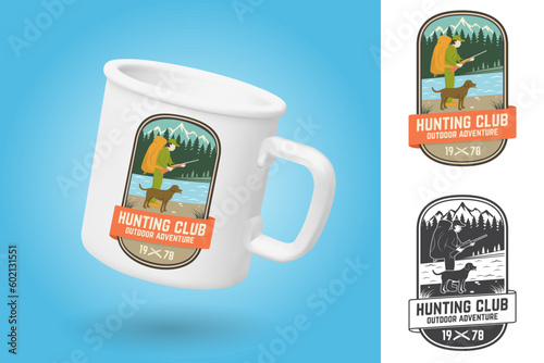 White camping cup. Realistic mug mockup template with sample design. Set of Hunting club badge. Vector. Vintage typography design with hunter, dog, hunting gun, mountains and forest. Outdoor adventure