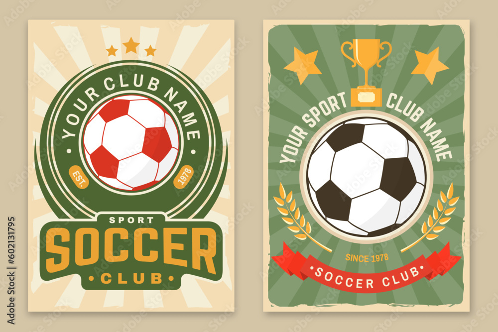 Obraz premium Set of soccer, football club retro poster, banner design. Vector illustration. For football club sport design with soccer and football player silhouettes.