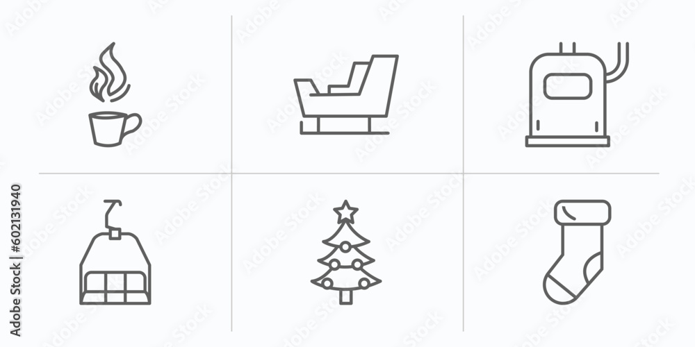 winter outline icons set. thin line icons such as hot tea, , heater, ski lift, christmas tree, christmas sock vector. winter outline icons set. thin line icons such as hot tea, , heater, ski lift, christmas tree, christmas sock vector.